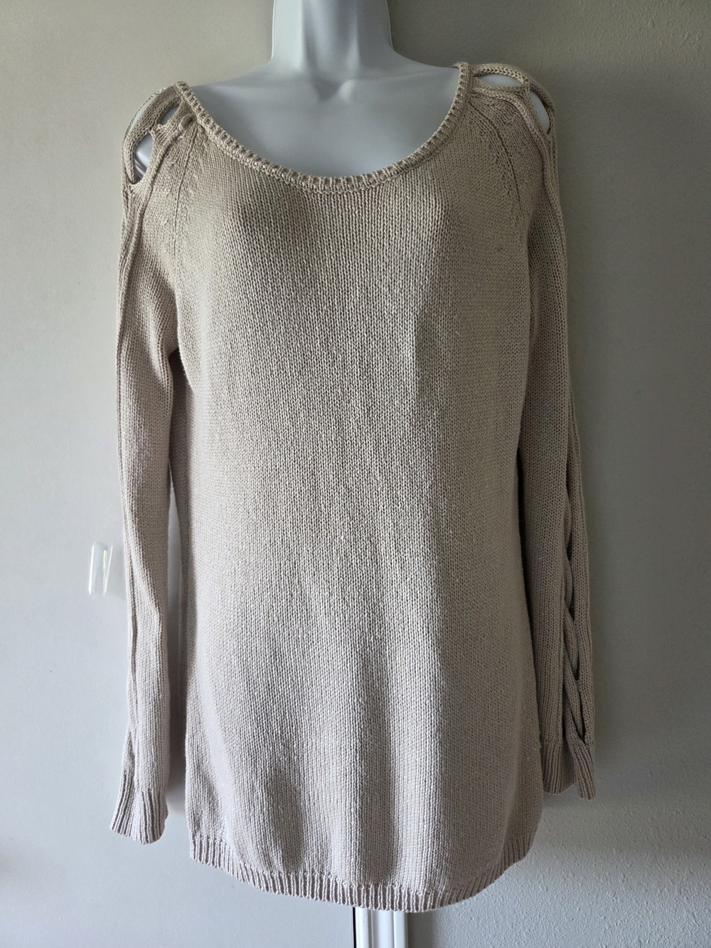 VENUS Cream Off-the-Shoulder Knit Sweater with Braided Sleeve Detail Boho Y2K
